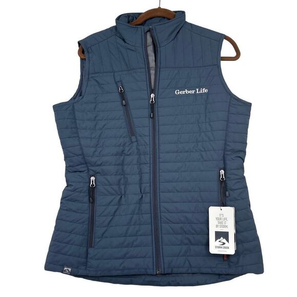 storm creek Jackets & Blazers - Storm Creek Vest Womens Size M Blue Quilted Full Zip Gerber Life Chest‎ Logo